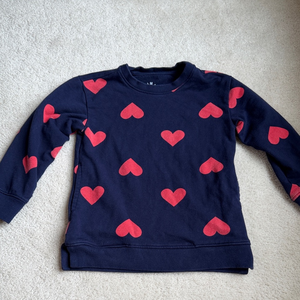 Primary Girls Navy Blue Red Heart Print Crew Neck Pullover Sweatshirt Size 2